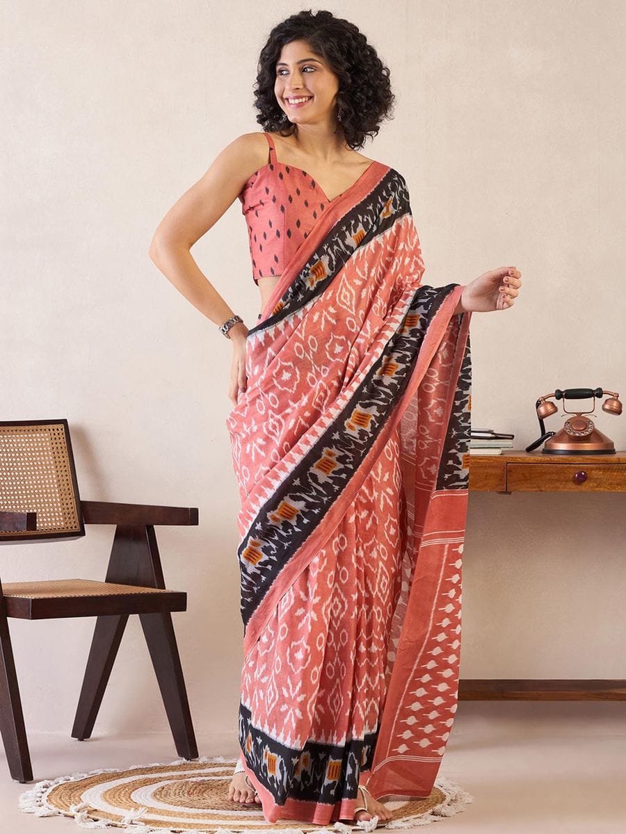 One Minute Ready To Wear Peach Ethnic Motifs Poly Cotton Ikat With Pocket Saree