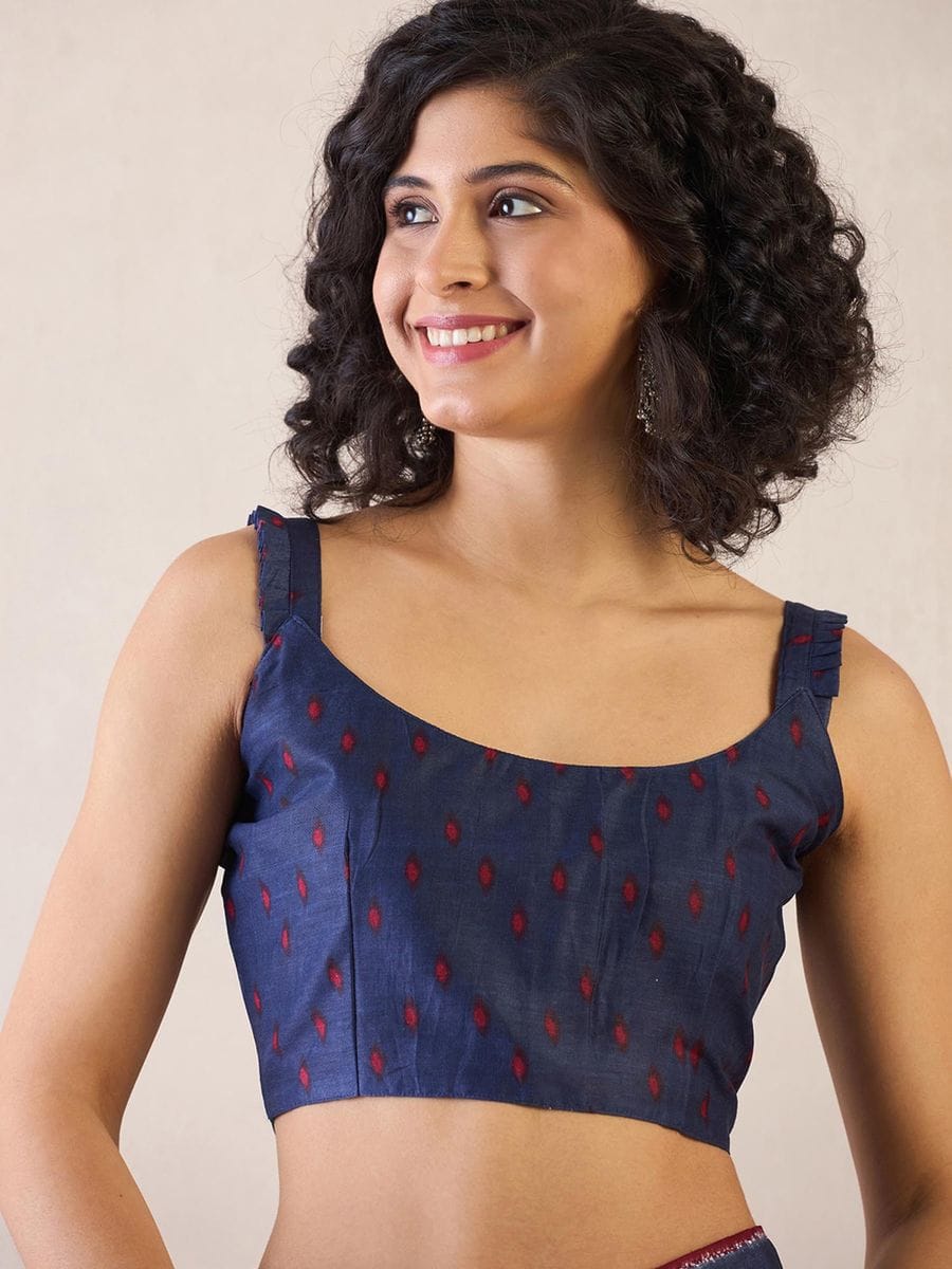 One Minute Ready To Wear Blue Ethnic Motifs Poly Cotton Ikat With Pocket Saree