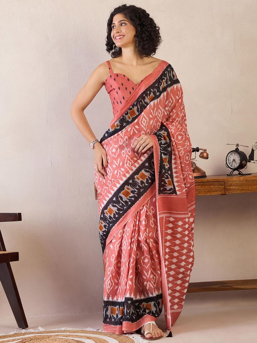 One Minute Ready To Wear Peach Ethnic Motifs Poly Cotton Ikat With Pocket Saree