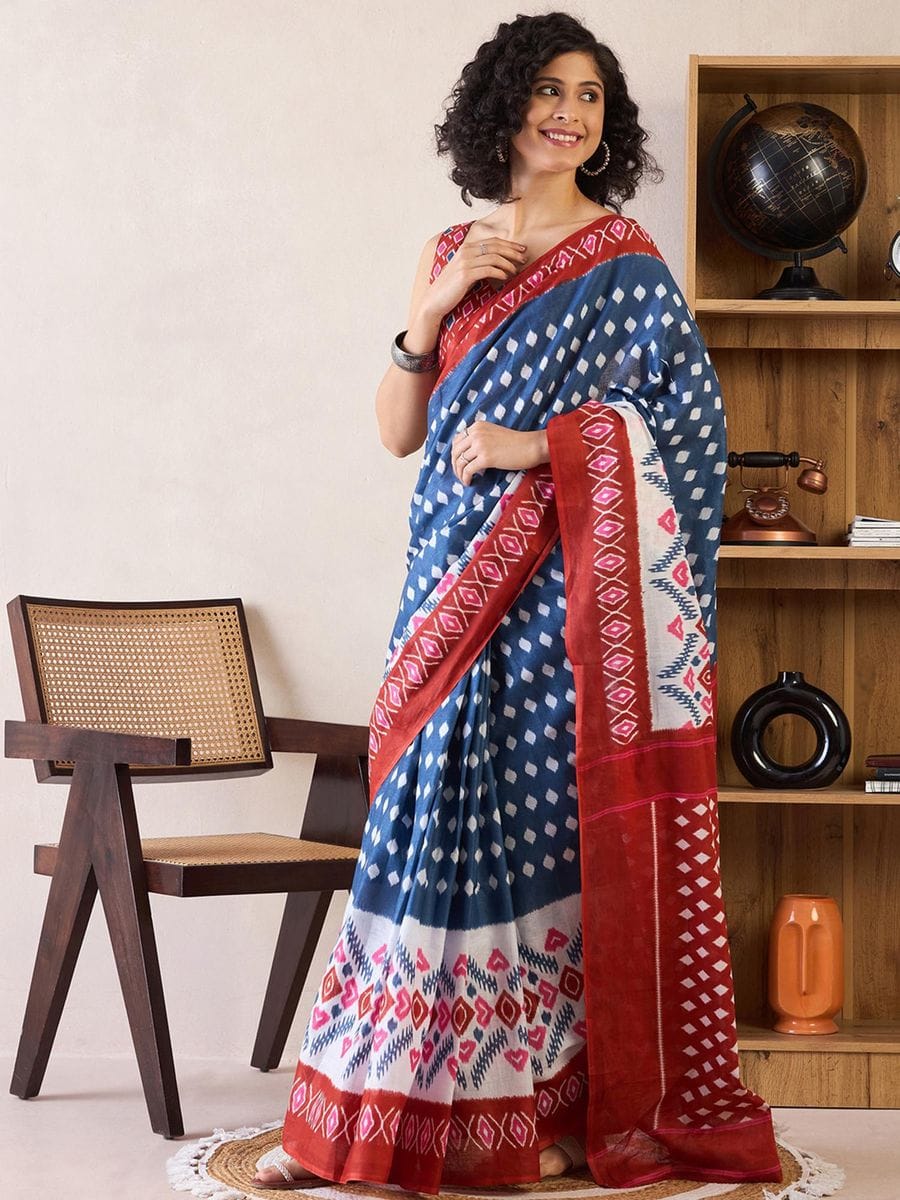 One Minute Ready To Wear Ethnic Motifs Poly Cotton Ikat With Pocket Saree
