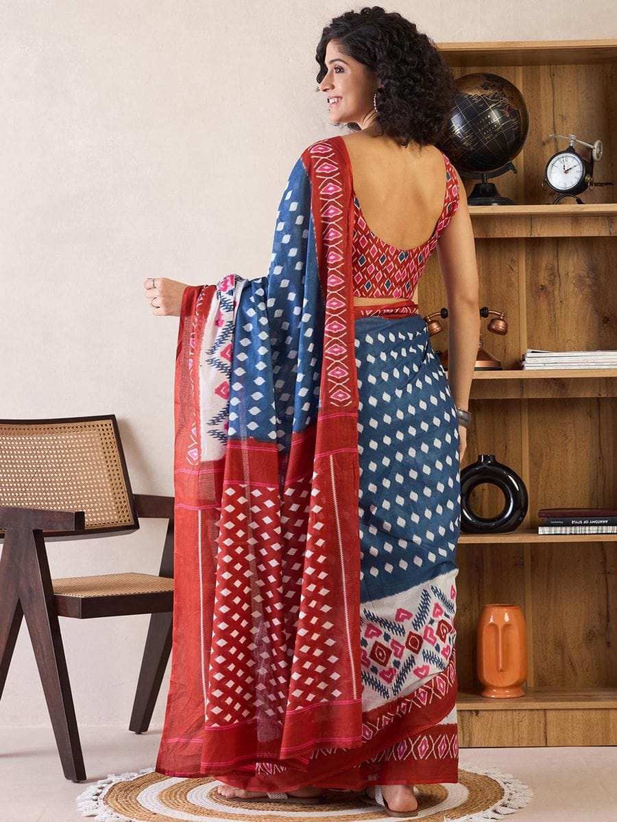 One Minute Ready To Wear Ethnic Motifs Poly Cotton Ikat With Pocket Saree