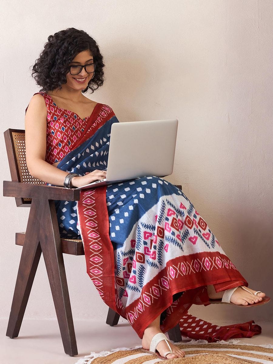 One Minute Ready To Wear Ethnic Motifs Poly Cotton Ikat With Pocket Saree