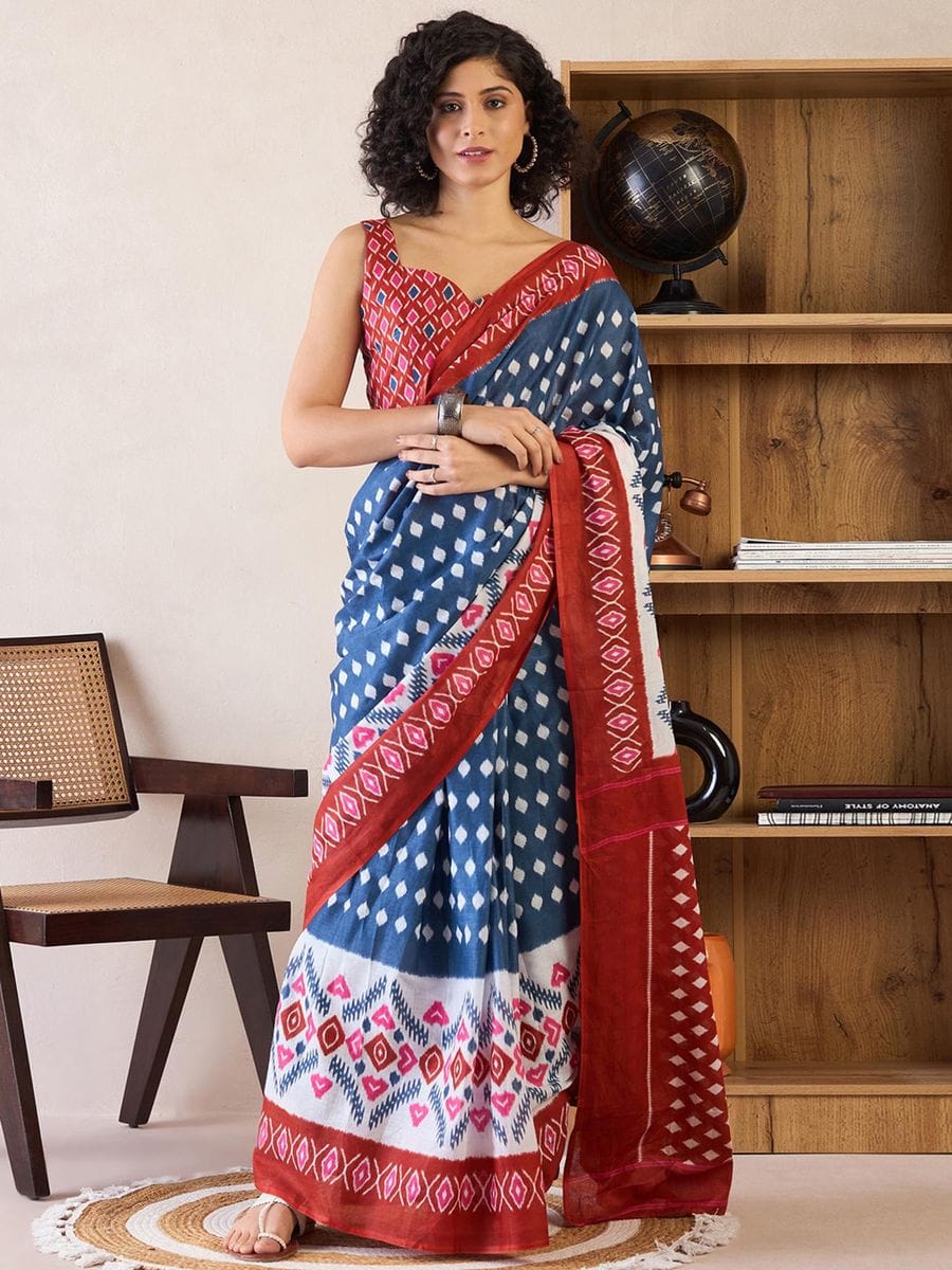 One Minute Ready To Wear Ethnic Motifs Poly Cotton Ikat With Pocket Saree