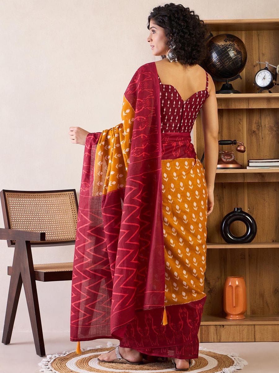One Minute Ready To Wear Yellow & Red Daily Wear Cotton Blend With Pocket Saree