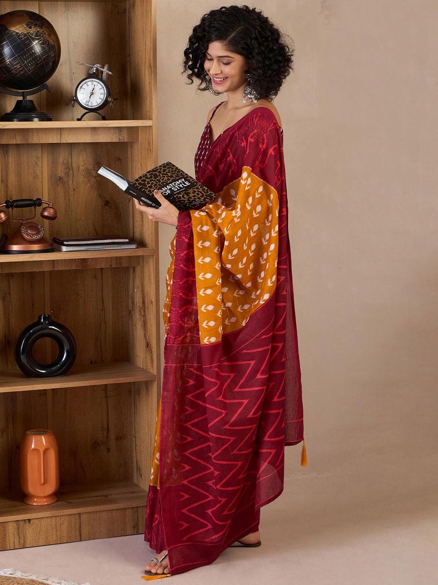 One Minute Ready To Wear Yellow & Red Daily Wear Cotton Blend With Pocket Saree