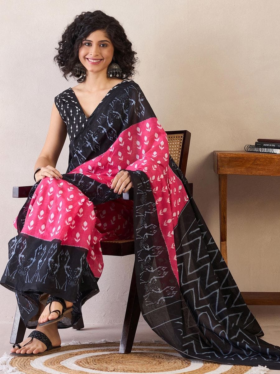 One Minute Ready To Wear Pink & Black Daily Wear Cotton Blend With Pocket Saree