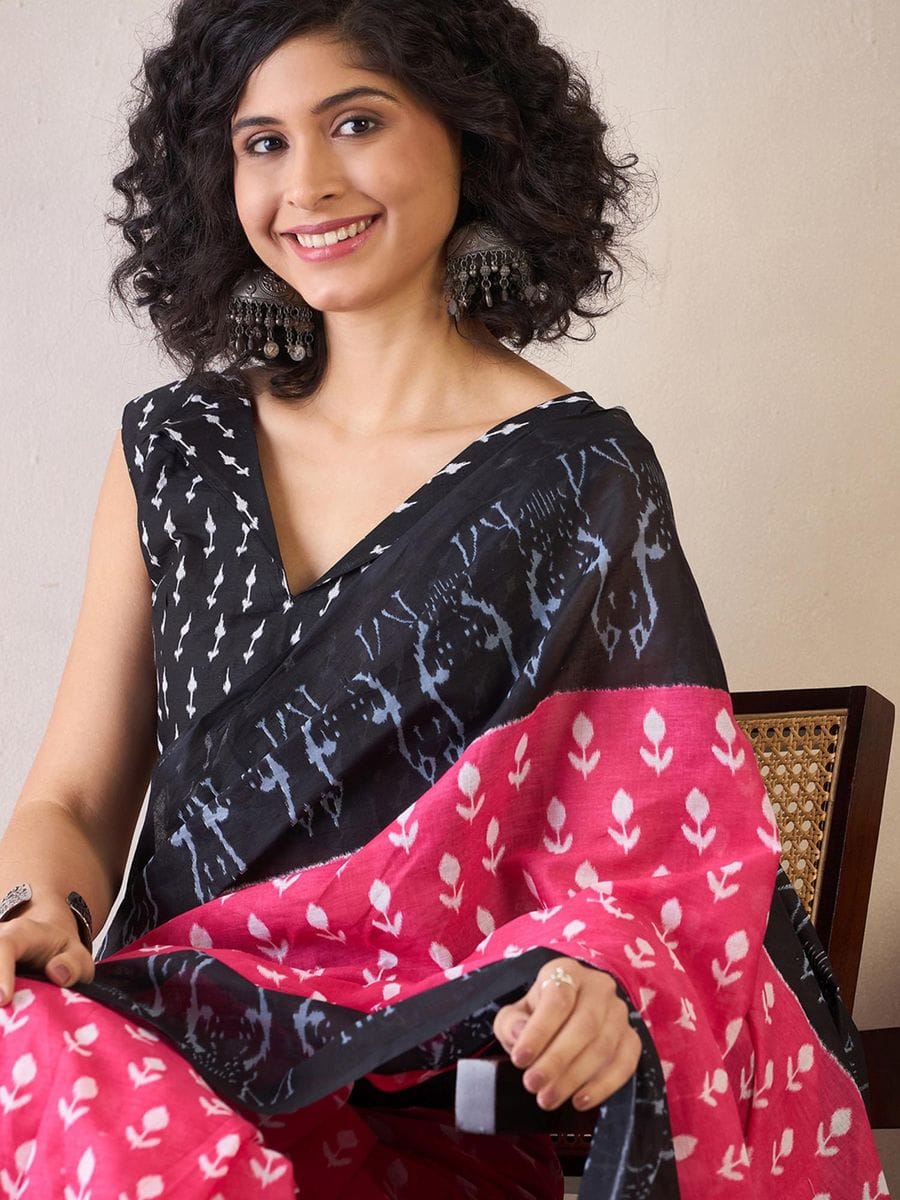 One Minute Ready To Wear Pink & Black Daily Wear Cotton Blend With Pocket Saree