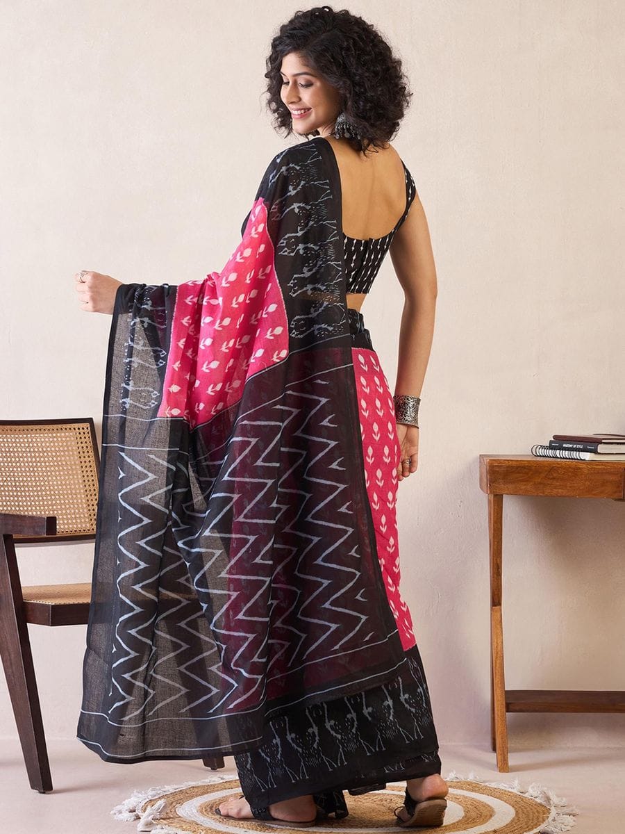 One Minute Ready To Wear Pink & Black Daily Wear Cotton Blend With Pocket Saree