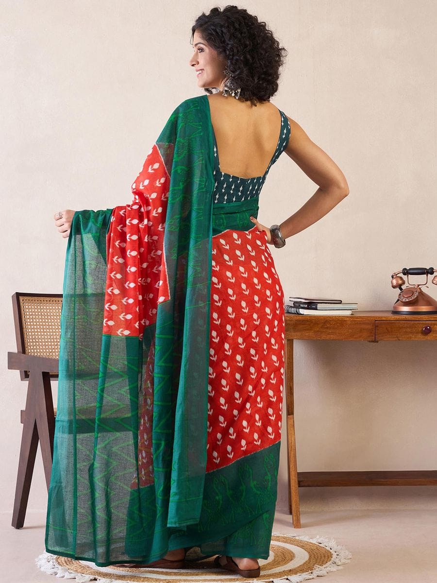 One Minute Ready To Wear Red & Green Daily Wear Cotton Blend With Pocket Saree