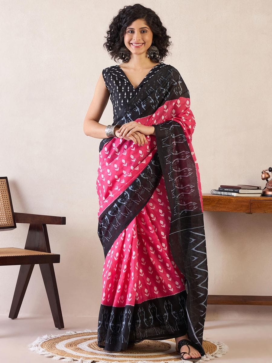 One Minute Ready To Wear Pink & Black Daily Wear Cotton Blend With Pocket Saree