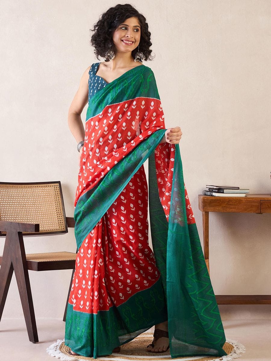 One Minute Ready To Wear Red & Green Daily Wear Cotton Blend With Pocket Saree