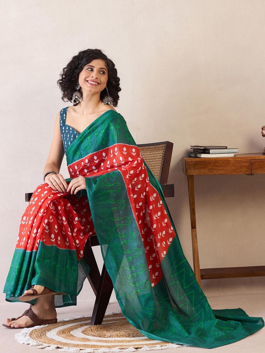 One Minute Ready To Wear Red & Green Daily Wear Cotton Blend With Pocket Saree