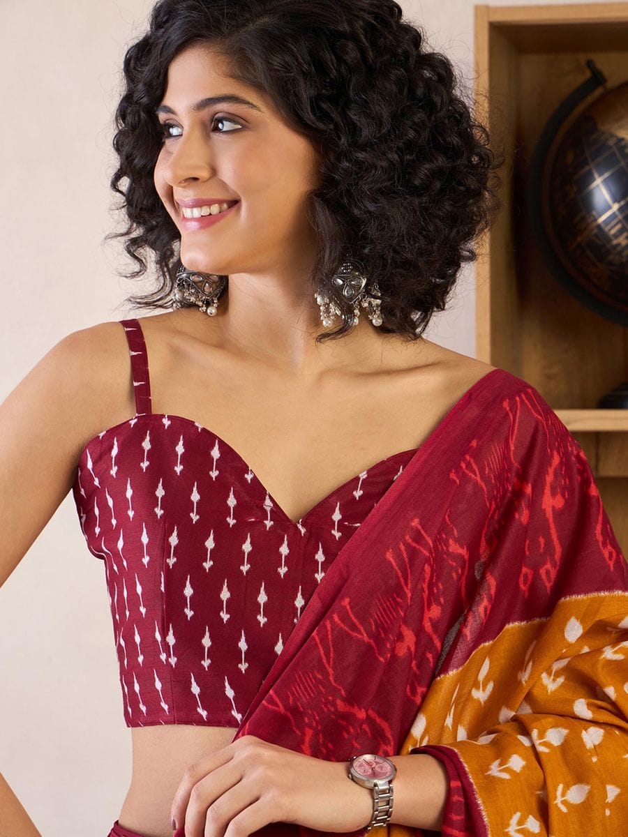 One Minute Ready To Wear Yellow & Red Daily Wear Cotton Blend With Pocket Saree