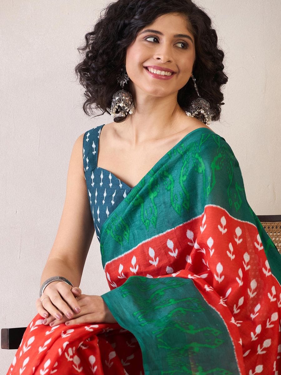 One Minute Ready To Wear Red & Green Daily Wear Cotton Blend With Pocket Saree