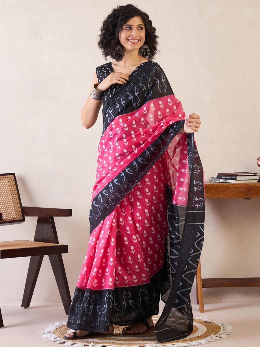 One Minute Ready To Wear Pink & Black Daily Wear Cotton Blend With Pocket Saree