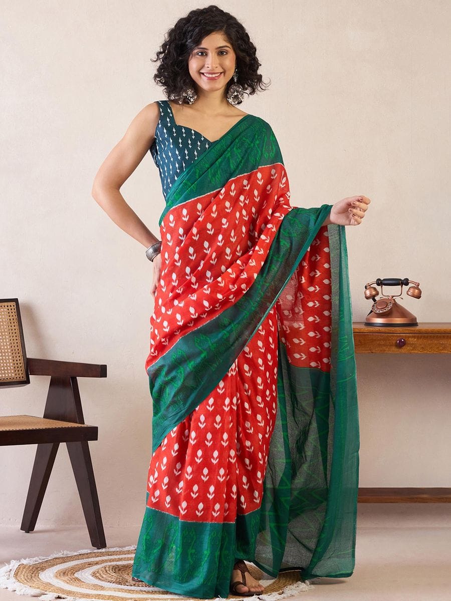 One Minute Ready To Wear Red & Green Daily Wear Cotton Blend With Pocket Saree