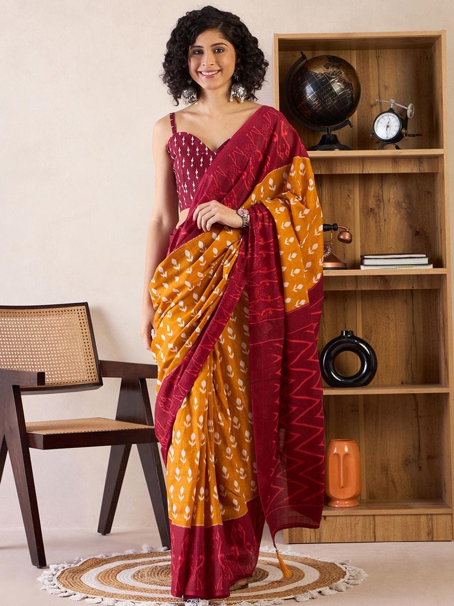 One Minute Ready To Wear Yellow & Red Daily Wear Cotton Blend With Pocket Saree