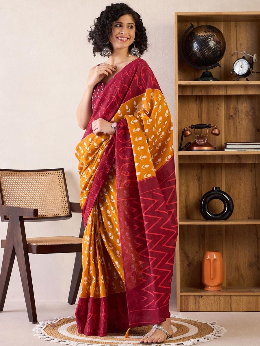 One Minute Ready To Wear Yellow & Red Daily Wear Cotton Blend With Pocket Saree