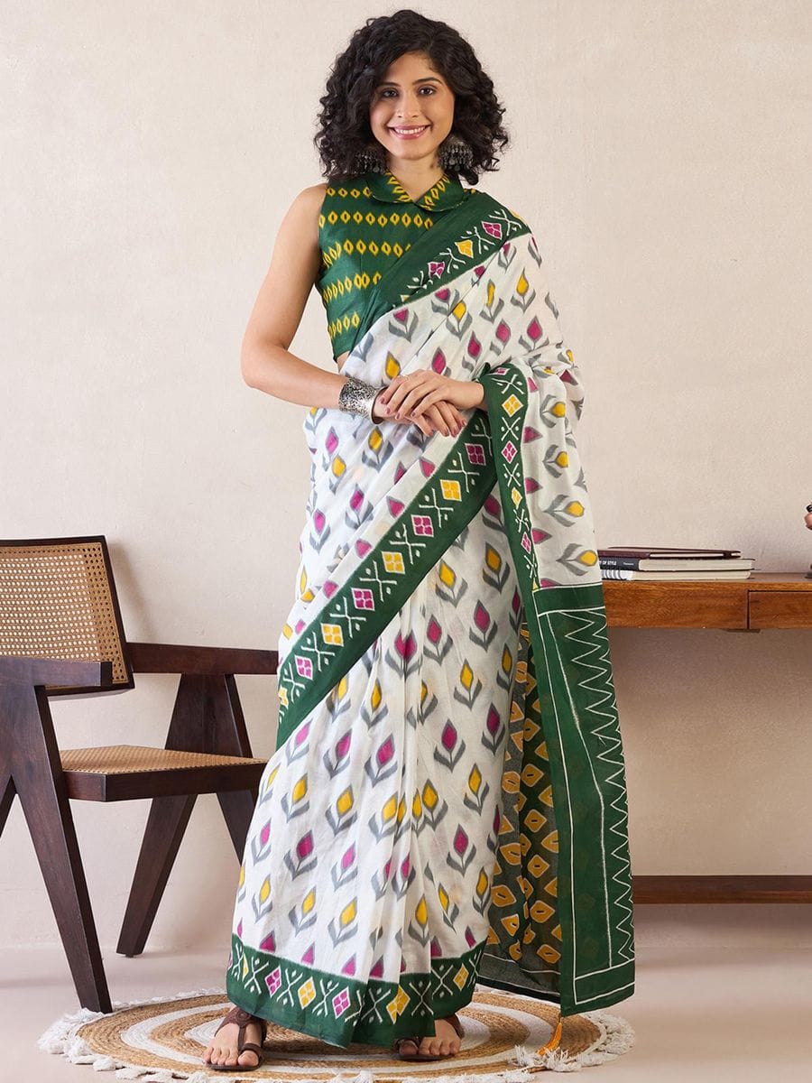 One Minute Ready To Wear Ethnic Motifs Poly Cotton Ikat With Pocket Saree
