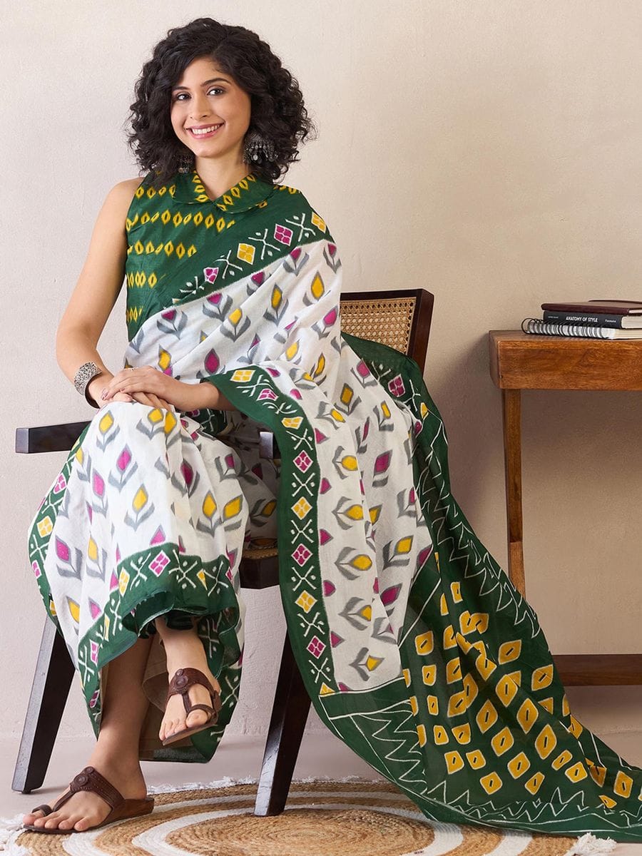 One Minute Ready To Wear Ethnic Motifs Poly Cotton Ikat With Pocket Saree