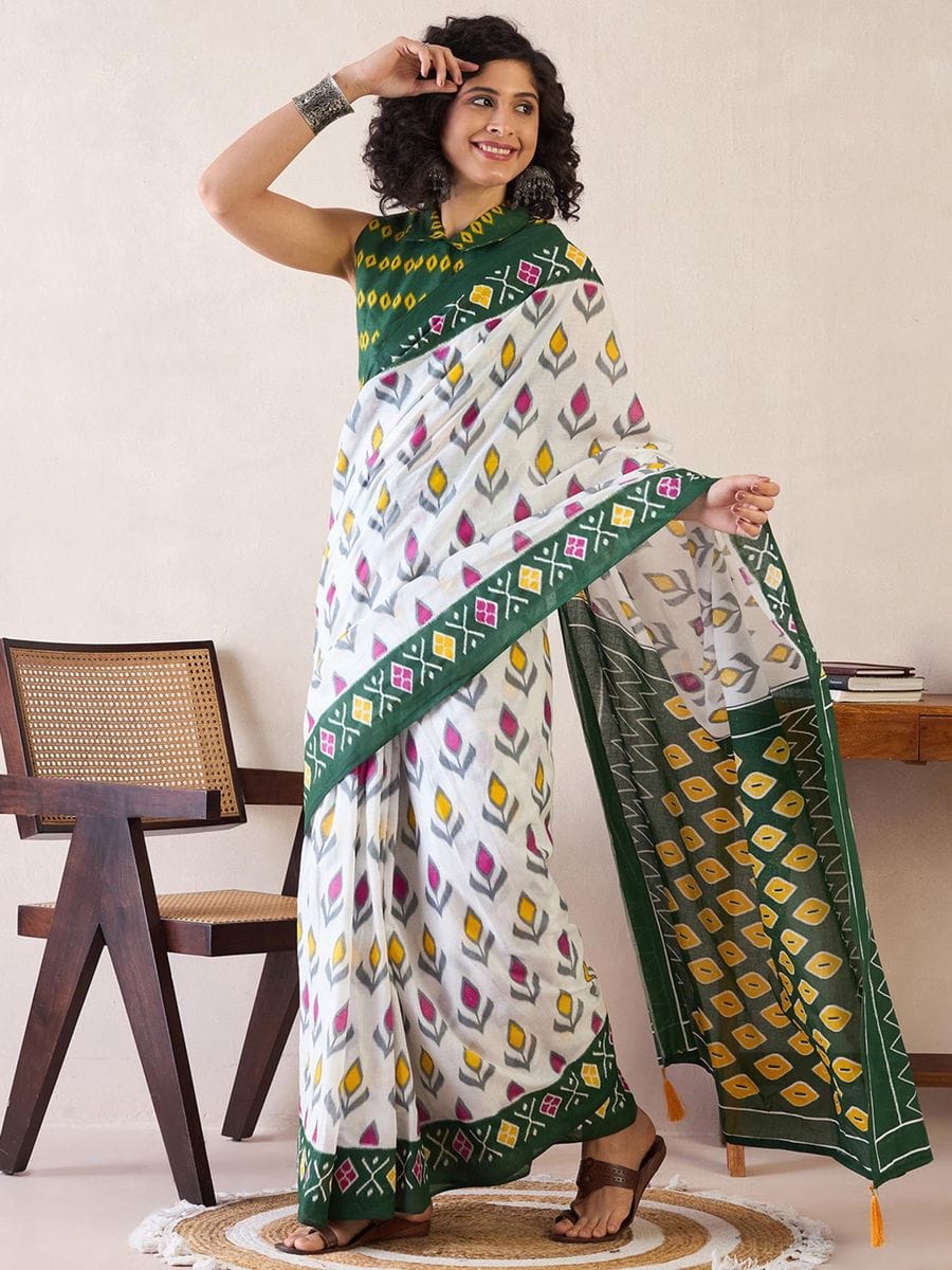 One Minute Ready To Wear Ethnic Motifs Poly Cotton Ikat With Pocket Saree