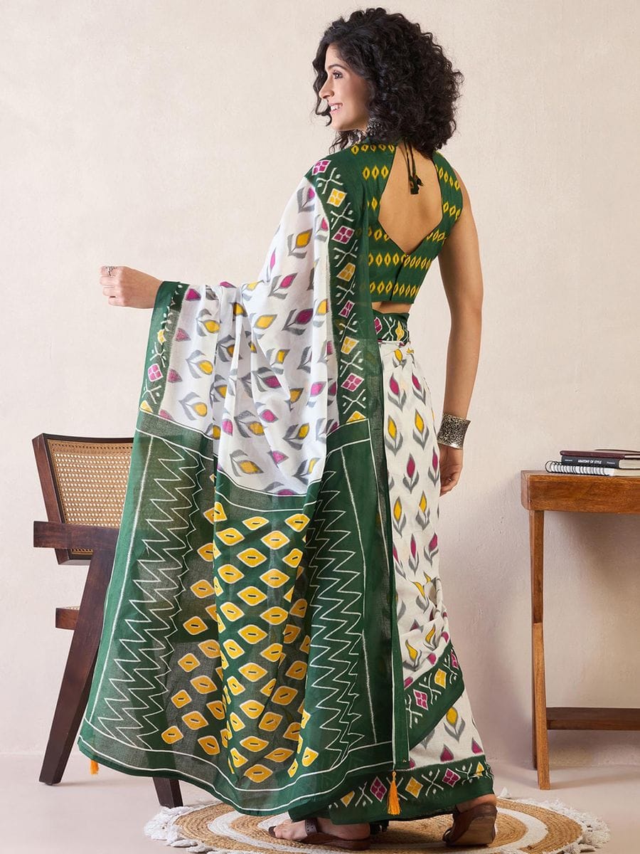 One Minute Ready To Wear Ethnic Motifs Poly Cotton Ikat With Pocket Saree