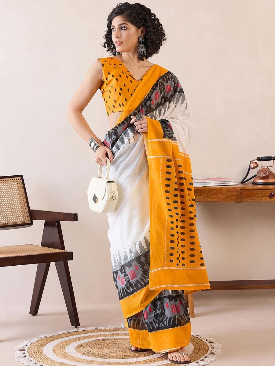 One Minute Ready To Wear Ethnic Motifs Poly Cotton Ikat With Pocket Saree