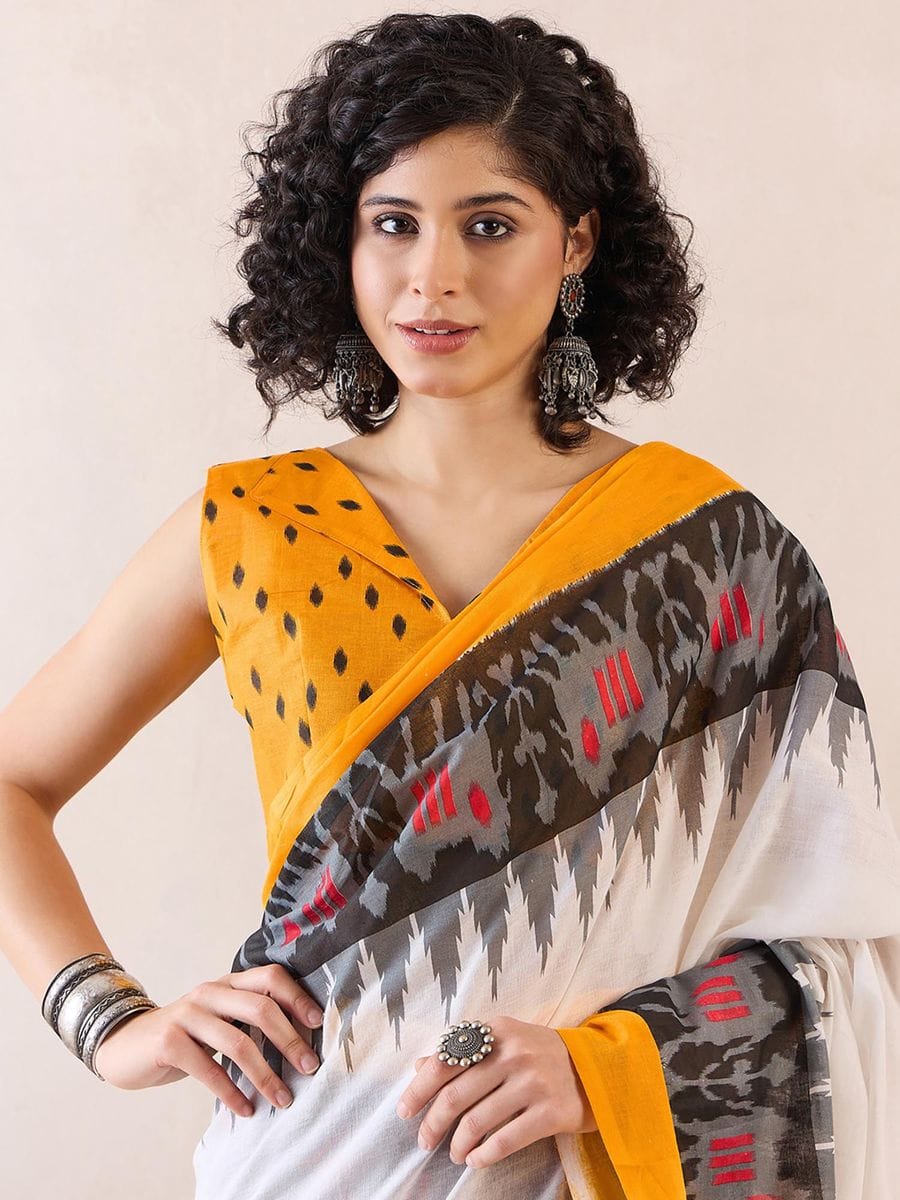 One Minute Ready To Wear Ethnic Motifs Poly Cotton Ikat With Pocket Saree