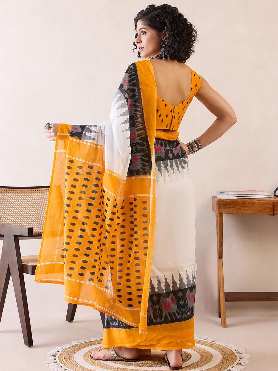 One Minute Ready To Wear Ethnic Motifs Poly Cotton Ikat With Pocket Saree
