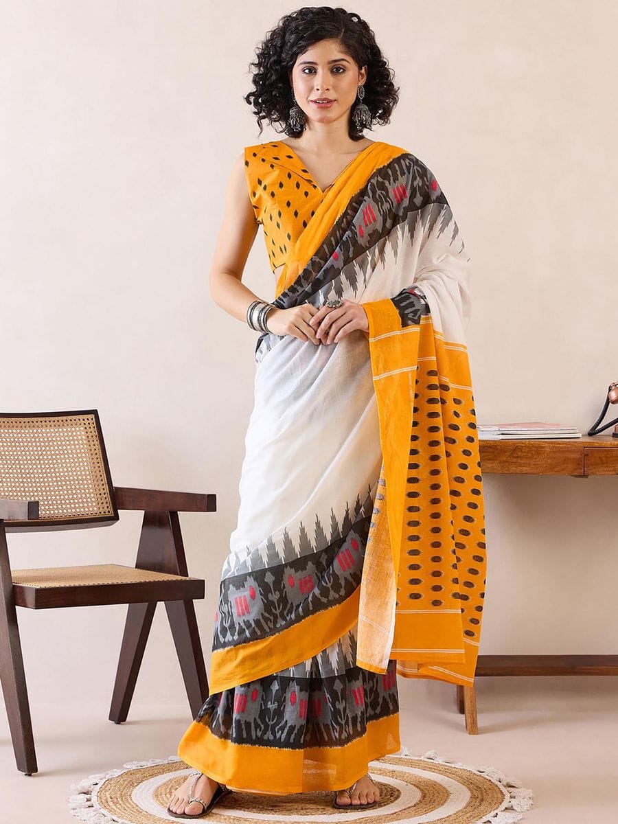 One Minute Ready To Wear Ethnic Motifs Poly Cotton Ikat With Pocket Saree