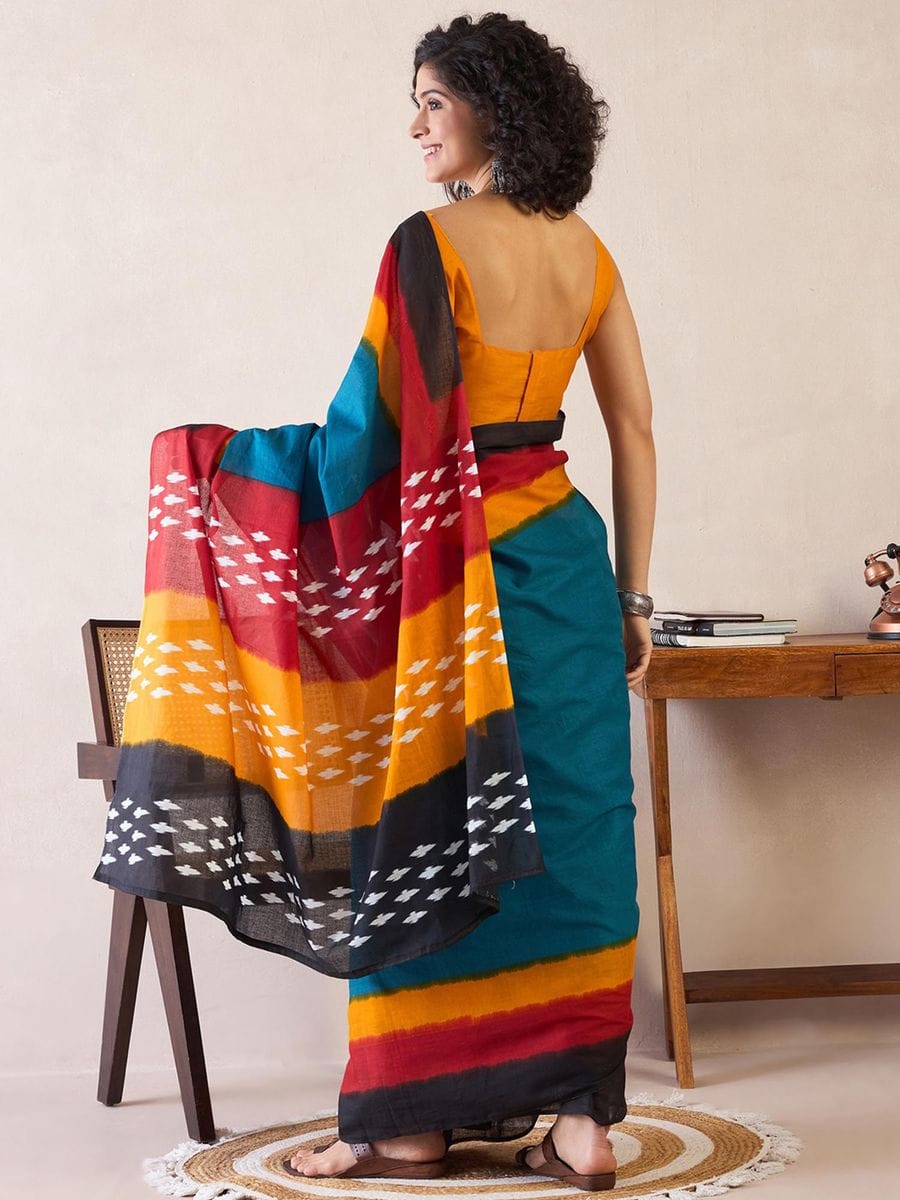 One Minute Ready To Wear Blue Printed With Pocket Saree