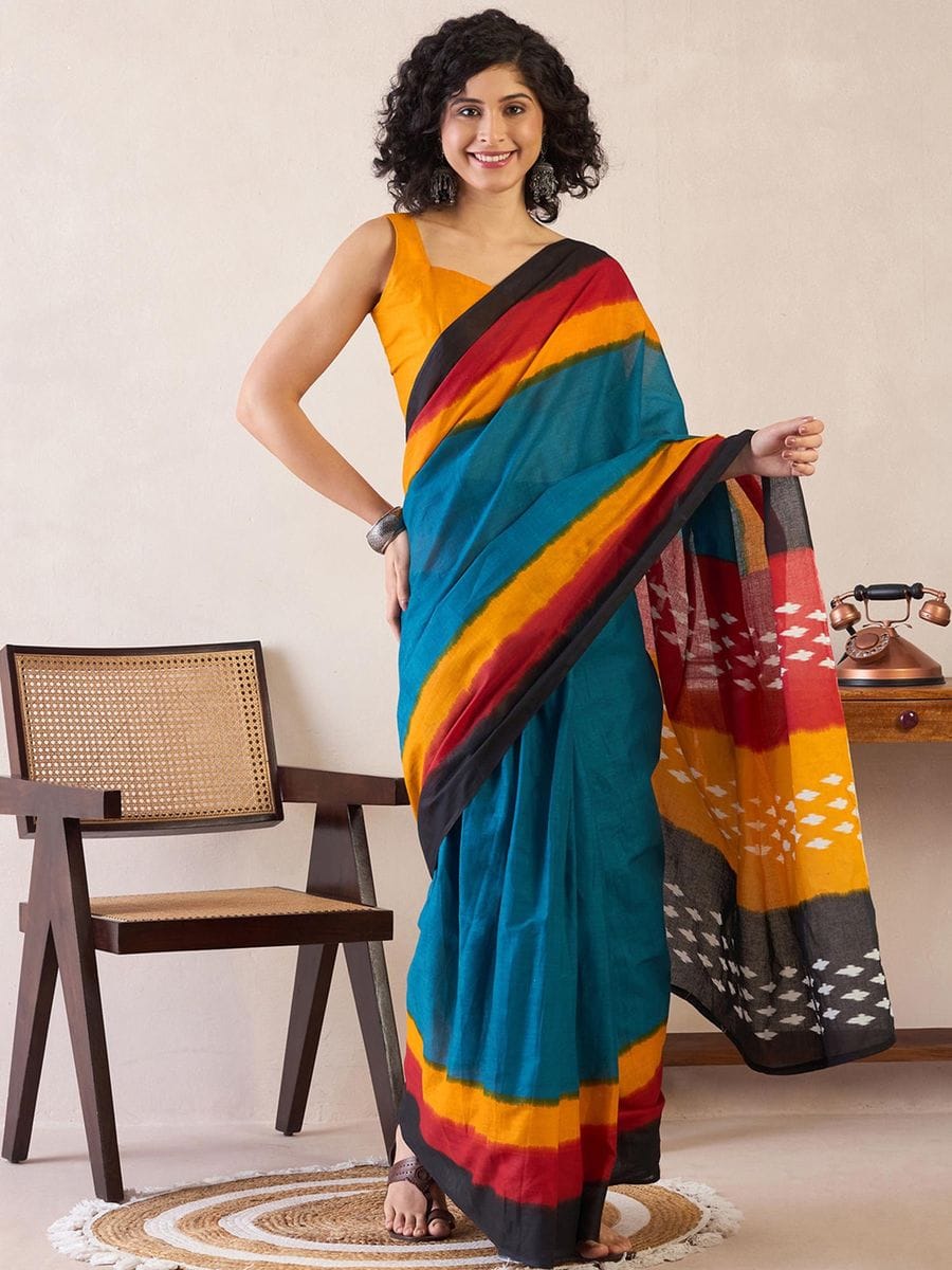 One Minute Ready To Wear Blue Printed With Pocket Saree
