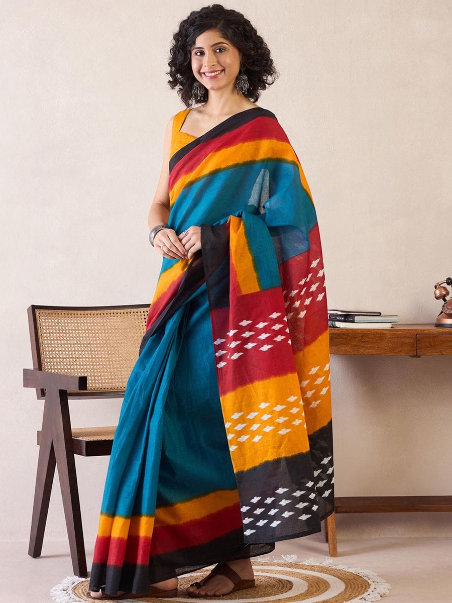 One Minute Ready To Wear Blue Printed With Pocket Saree