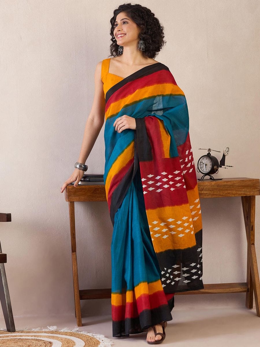 One Minute Ready To Wear Blue Printed With Pocket Saree