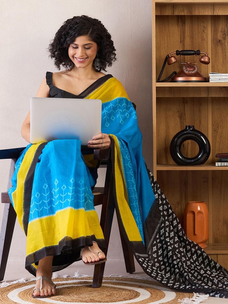 One Minute Ready To Wear Blue Printed With Pocket Saree
