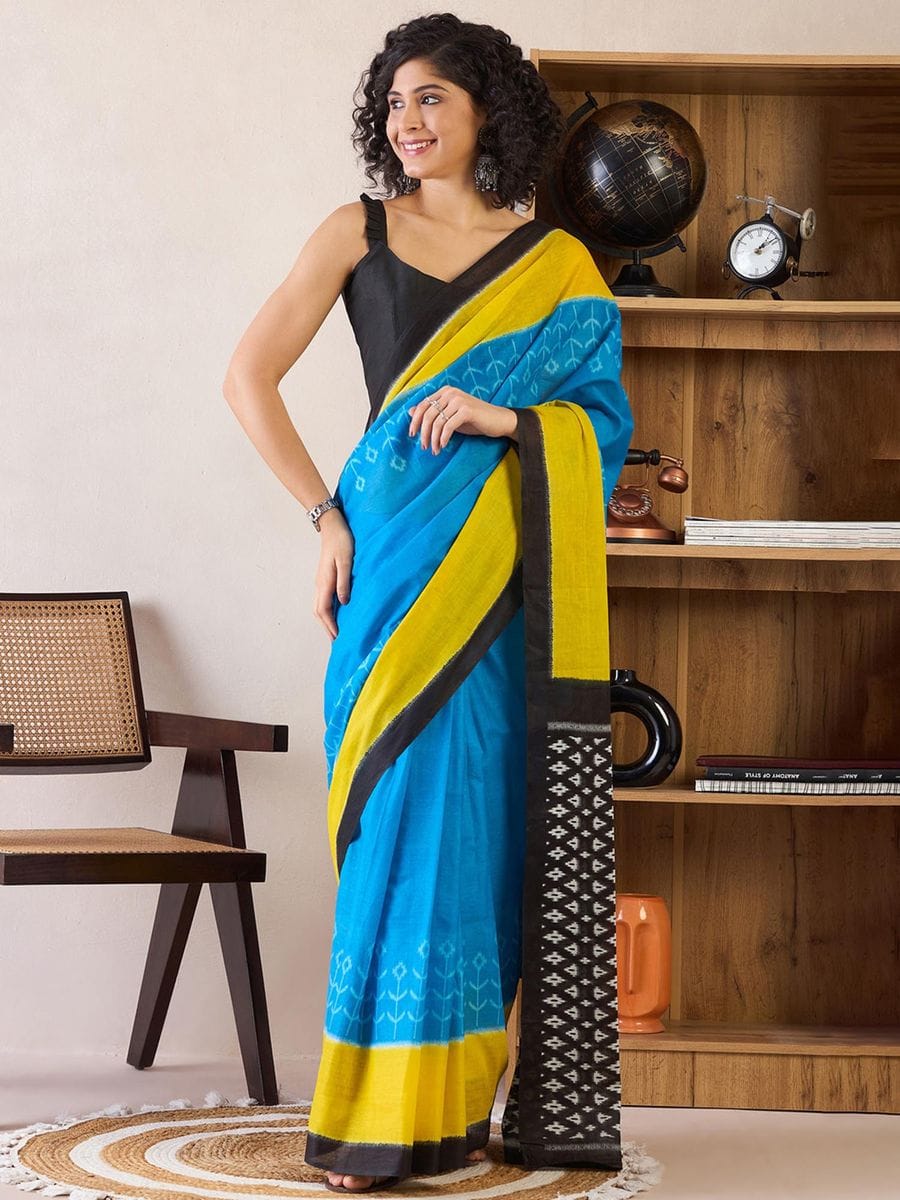 One Minute Ready To Wear Blue Printed With Pocket Saree