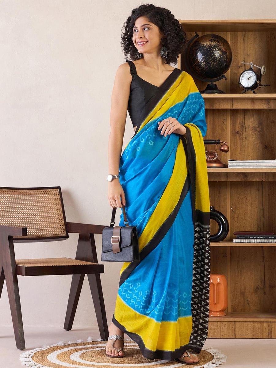 One Minute Ready To Wear Blue Printed With Pocket Saree