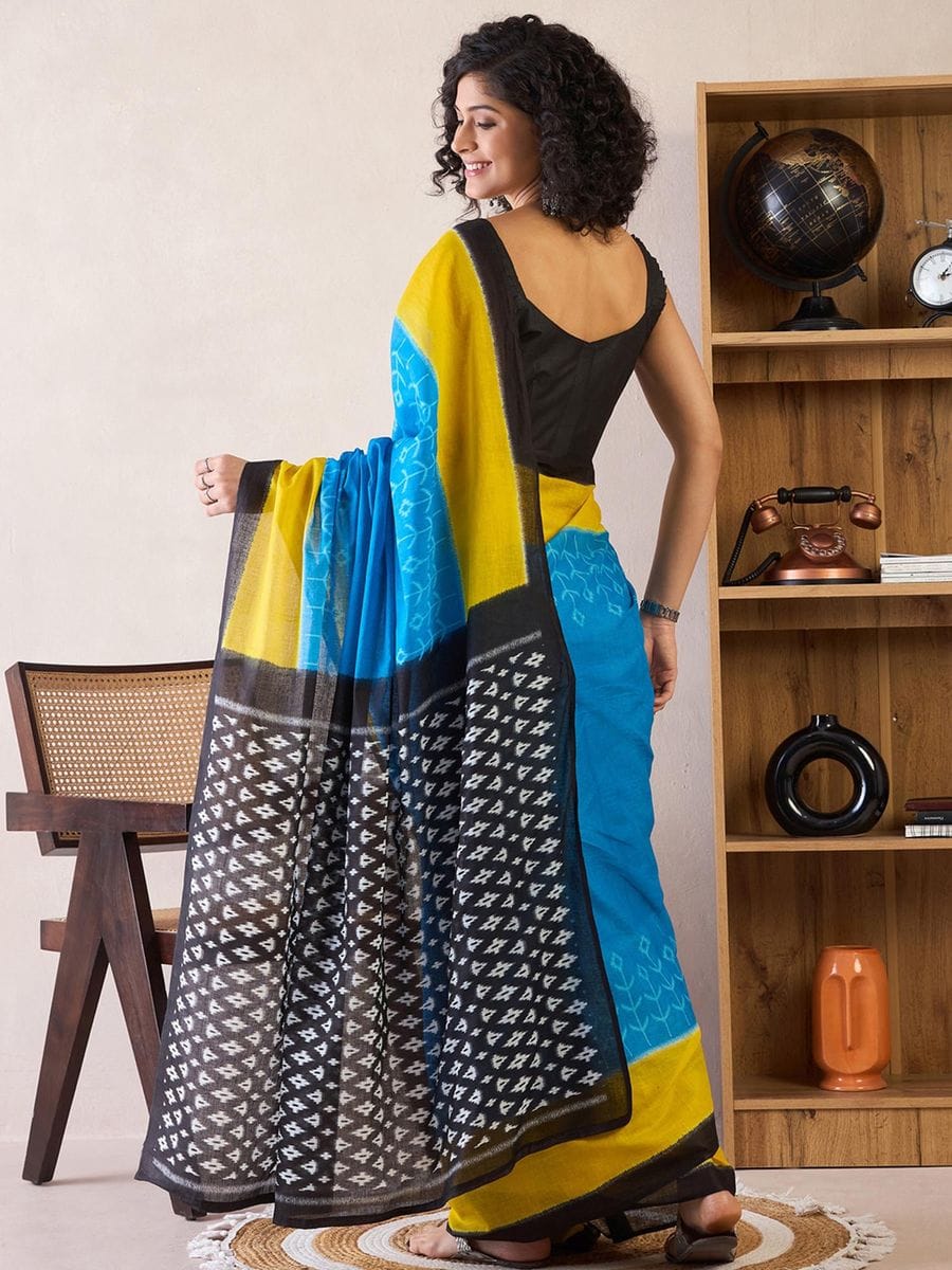 One Minute Ready To Wear Blue Printed With Pocket Saree