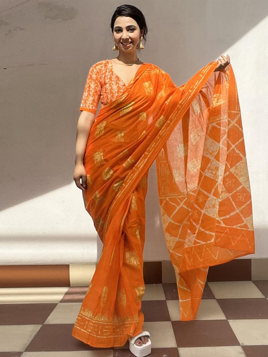 One Minute Ready To Wear Orange Ethnic Motifs Poly Cotton Ikat With Pocket Saree