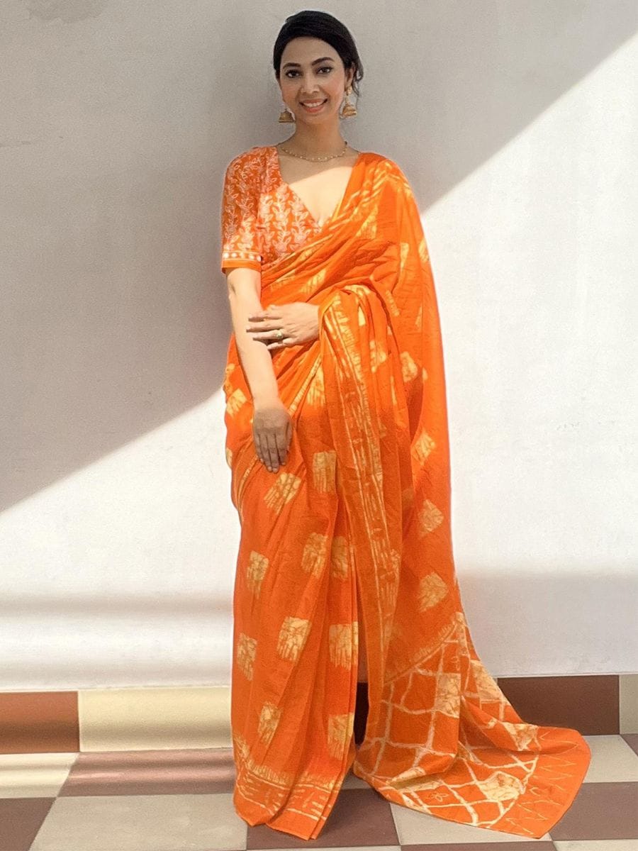 One Minute Ready To Wear Orange Ethnic Motifs Poly Cotton Ikat With Pocket Saree