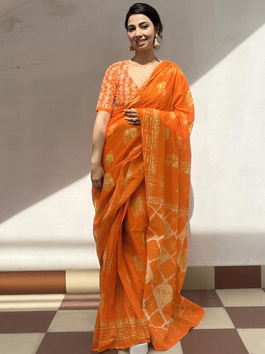 One Minute Ready To Wear Orange Ethnic Motifs Poly Cotton Ikat With Pocket Saree