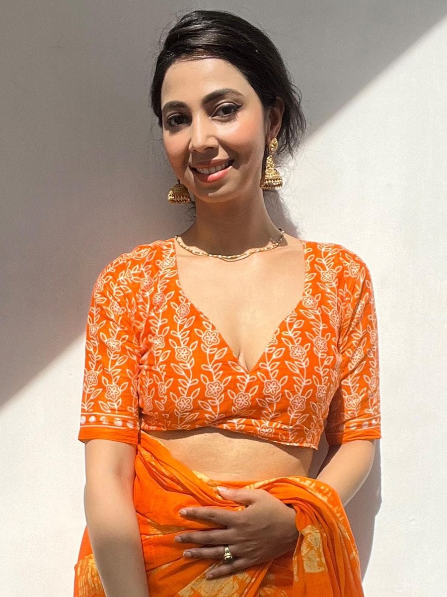 One Minute Ready To Wear Orange Ethnic Motifs Poly Cotton Ikat With Pocket Saree