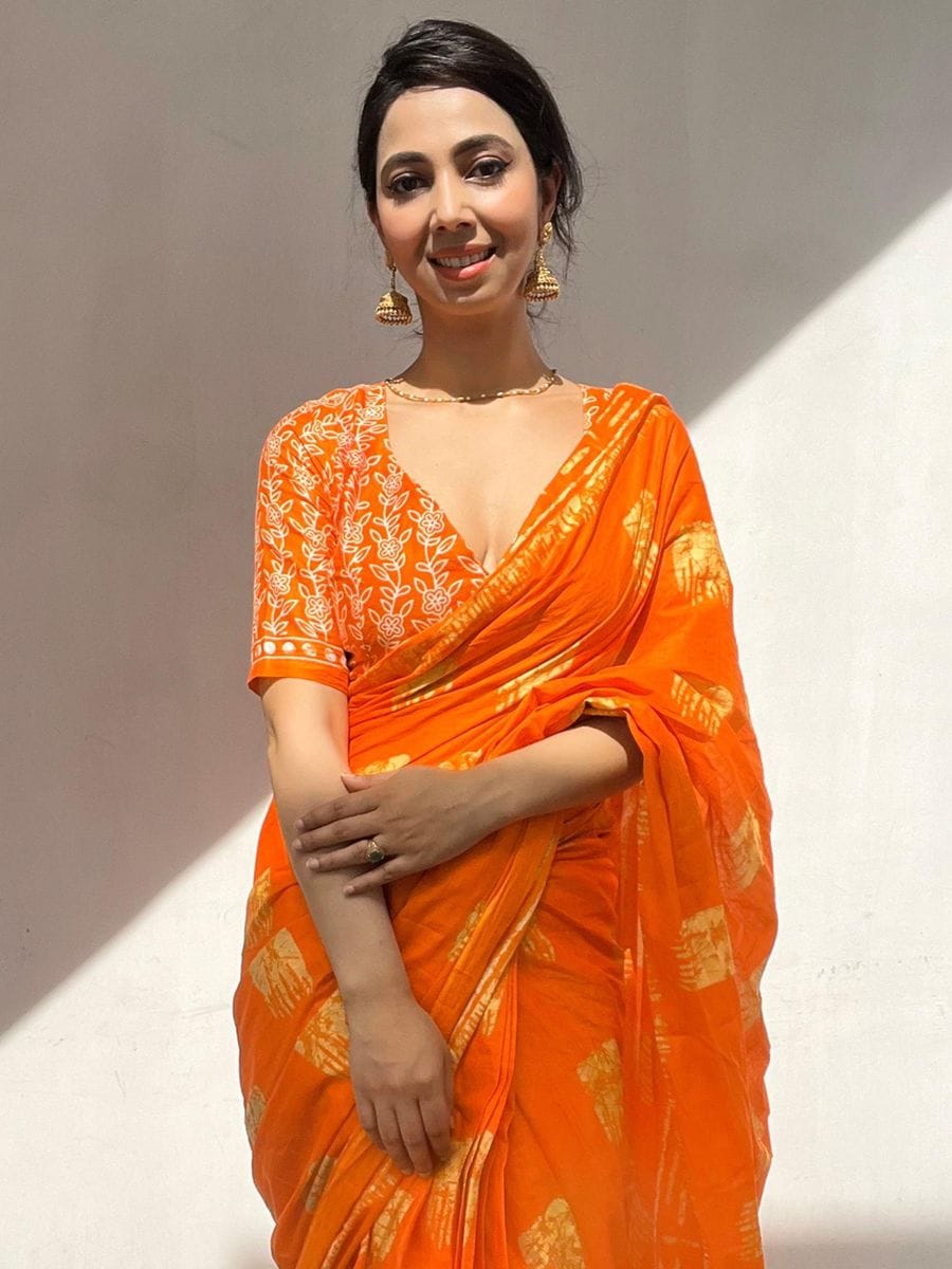 One Minute Ready To Wear Orange Ethnic Motifs Poly Cotton Ikat With Pocket Saree