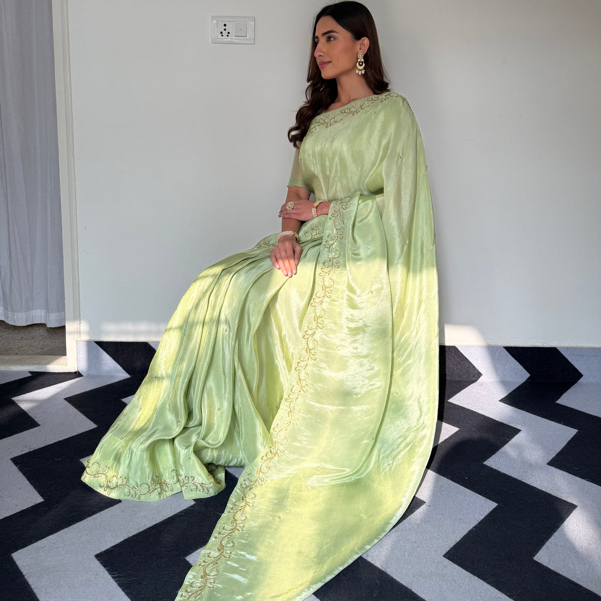 One Minute Ready To Wear Parrot Green Color Soft Malai Sattin Silk Saree With Stitch Blouse