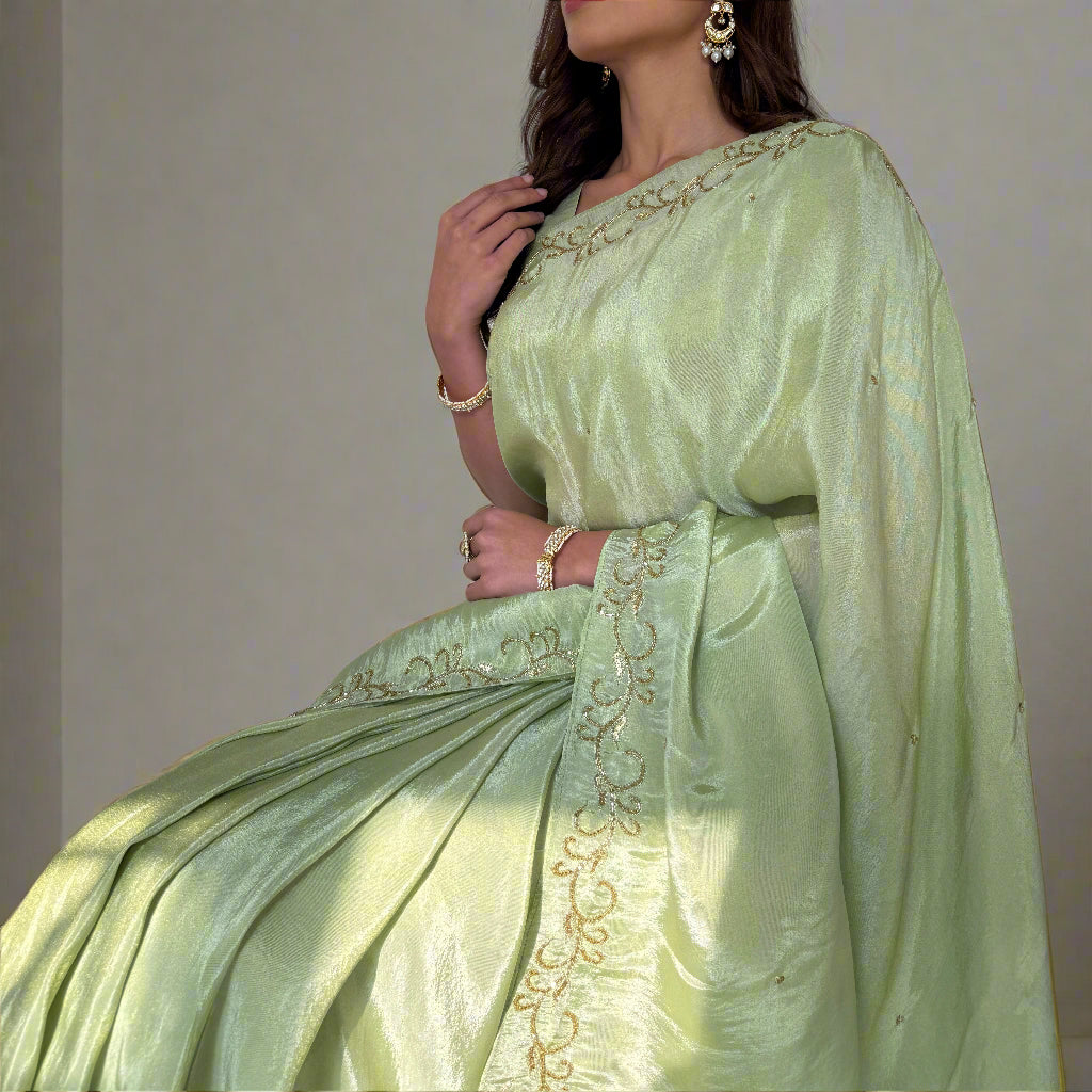 One Minute Ready To Wear Parrot Green Color Soft Malai Sattin Silk Saree With Stitch Blouse