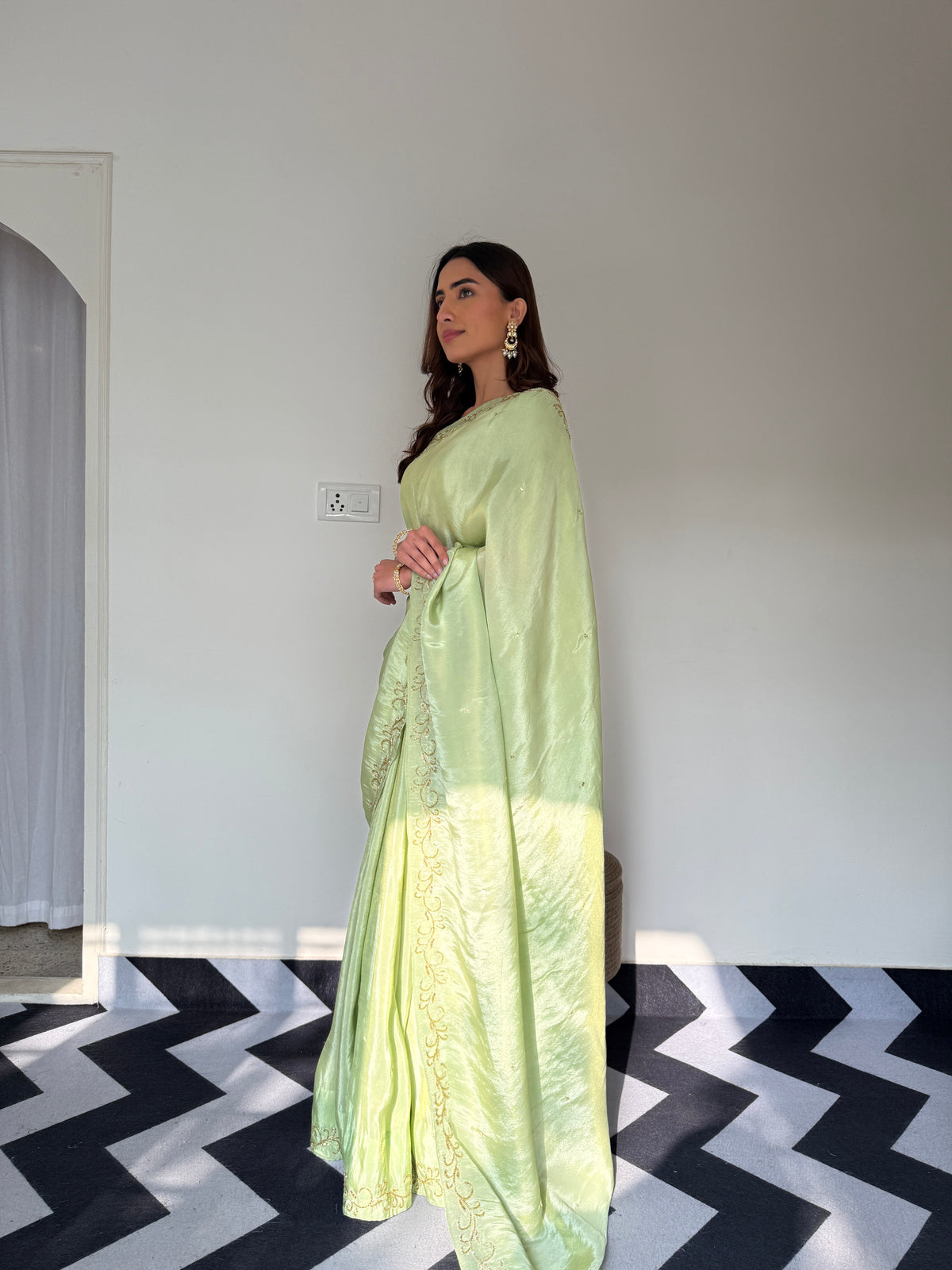 One Minute Ready To Wear Parrot Green Color Soft Malai Sattin Silk Saree With Stitch Blouse