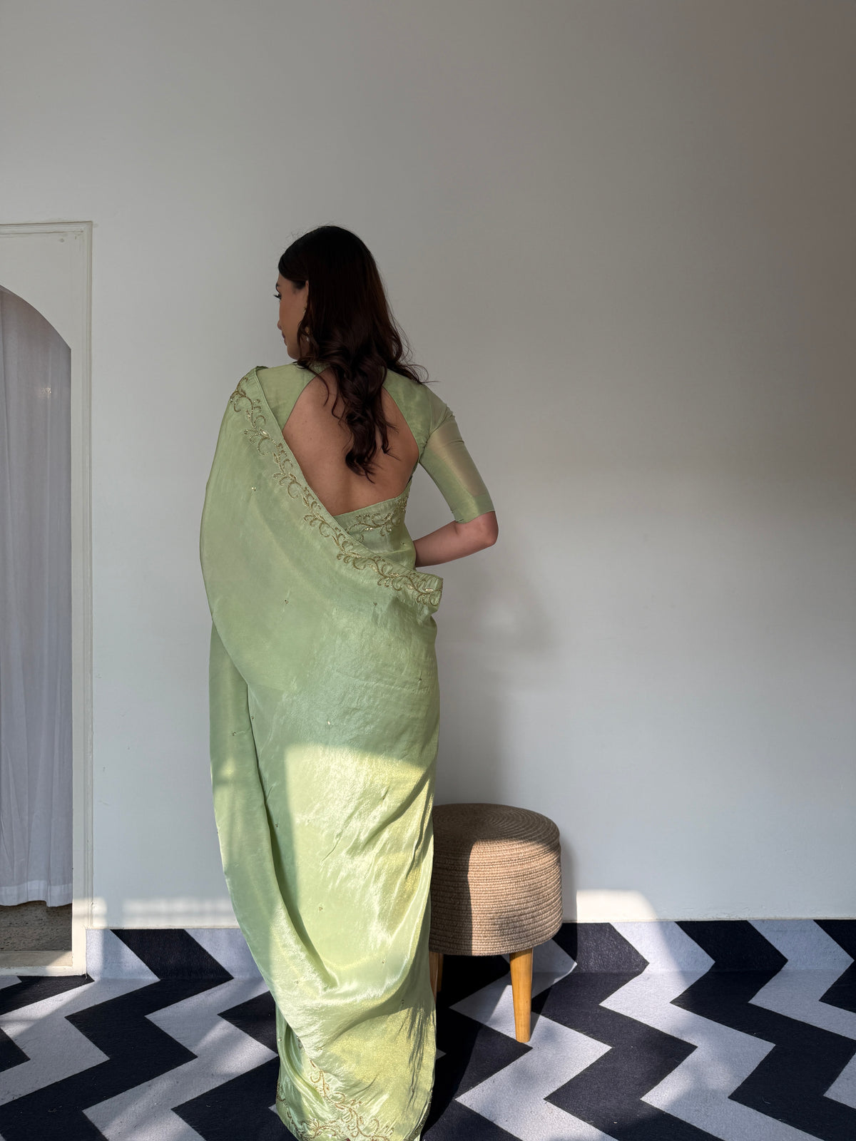 One Minute Ready To Wear Parrot Green Color Soft Malai Sattin Silk Saree With Stitch Blouse