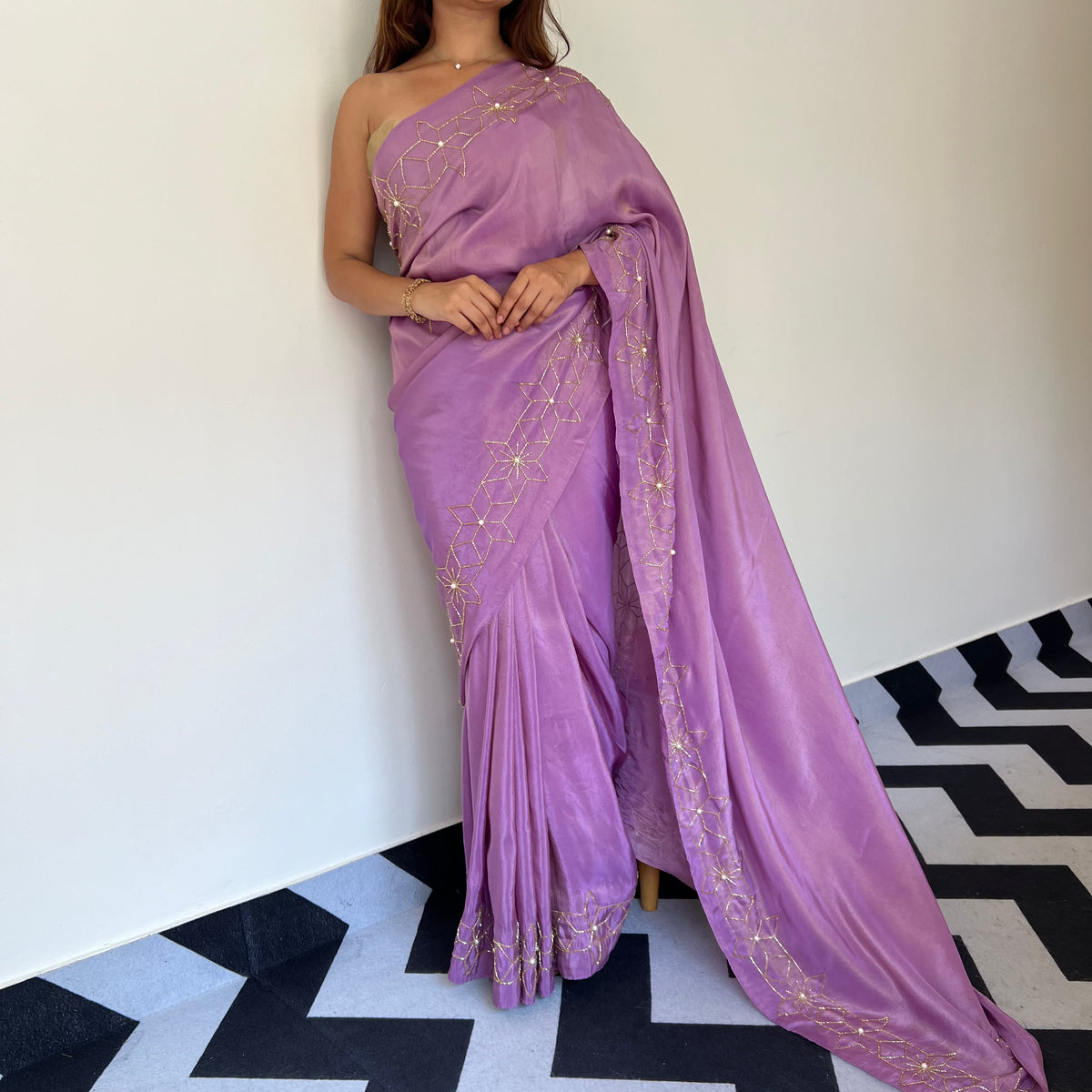One Minute Ready To Wear Starry Violet Tissue Saree With Stitch Blouse