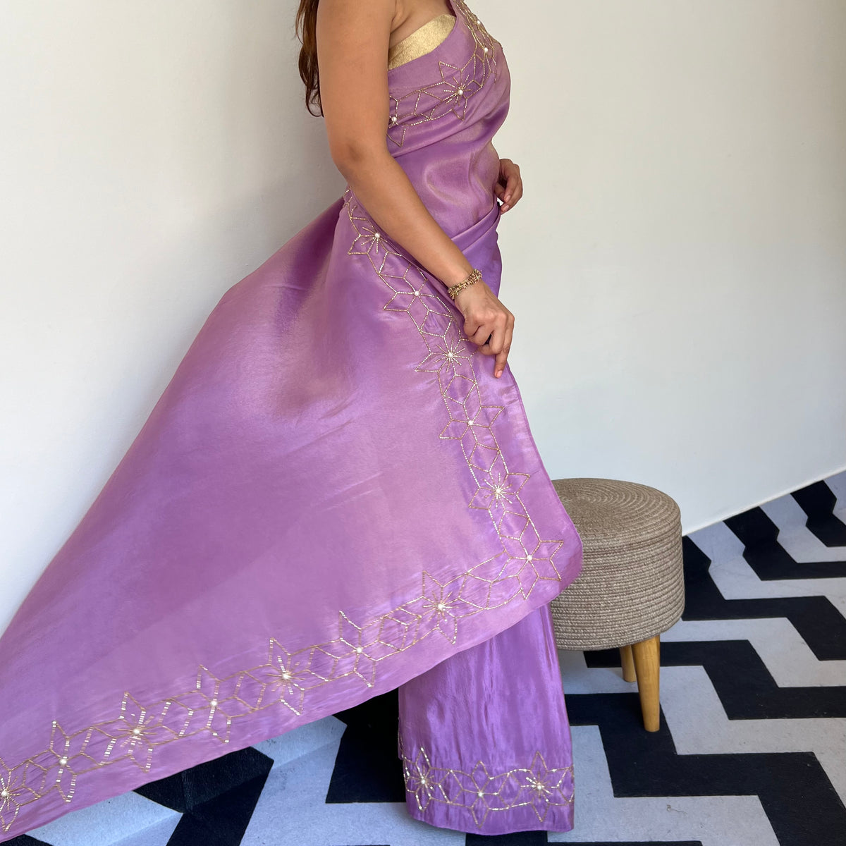 One Minute Ready To Wear Starry Violet Tissue Saree With Stitch Blouse