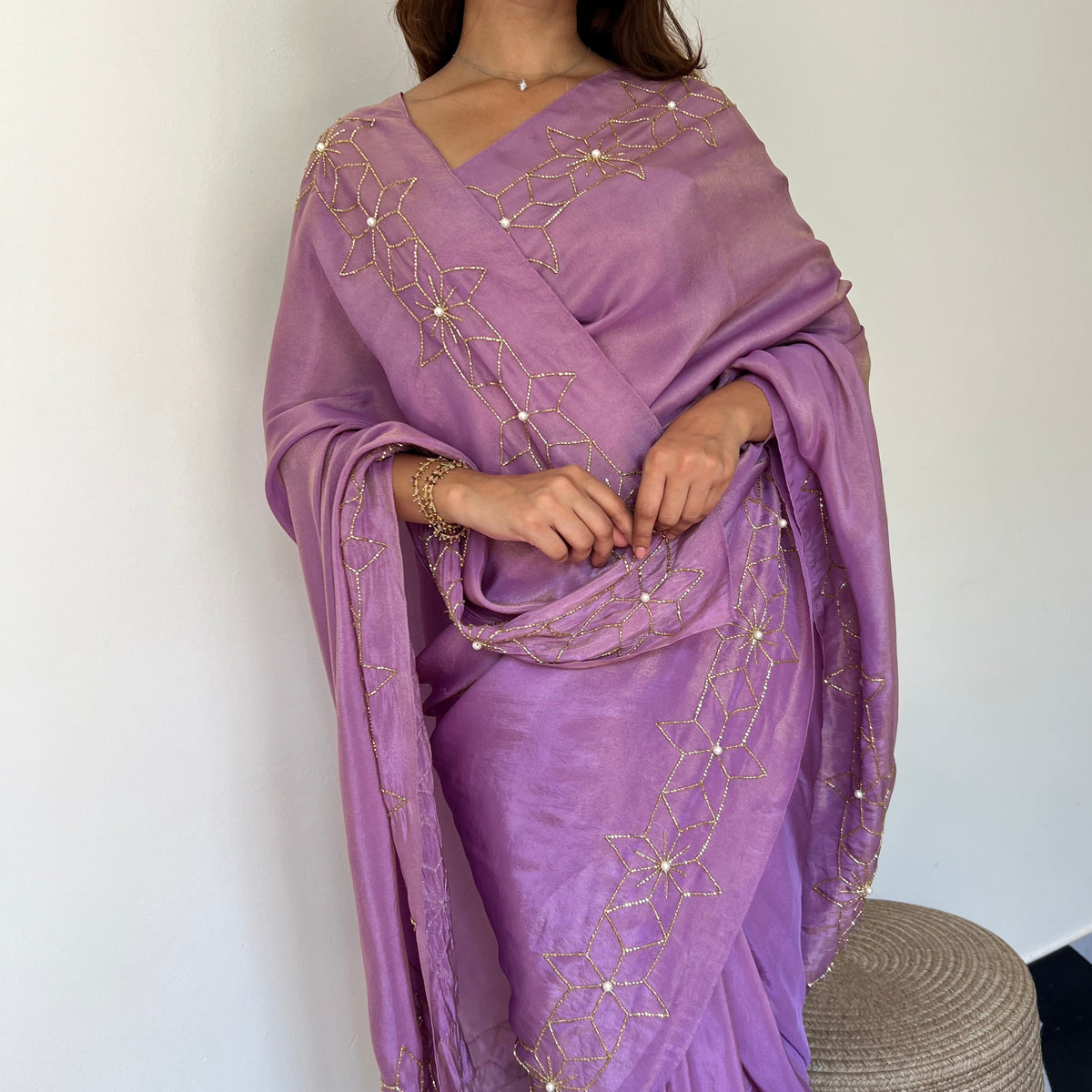 One Minute Ready To Wear Starry Violet Tissue Saree With Stitch Blouse